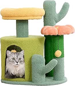 Small Cat Condo, Cute Cactus Cat Tree with Multi-Function Design, Cozy Sisal Cover Scratching Column, Ideal Leisure Paradise for Kittens and Adult Cats
