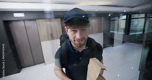 Delivery man, package and bag for parcel, shipping and ecommerce with mobile, order and courier by pov. Supply chain, person and container by door for logistics, distribution and online shopping