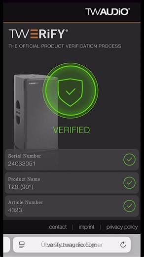 Check the truth! - Verify your TWAUDiO speaker in seconds. Counterfeits are on the rise. To protect our users, we developed TWERiFY® — the patented NFC-based verification process by TWAUDiO — unique in the audio industry. Just a phone and internet connection — no app needed — to instantly confirm the authenticity of your loudspeaker. Watch our short tutorial video or click on the link below and see how easy it is! TWERiFY works with every TWAUDiO loudspeaker delivered from 01.01.2024. https://tw