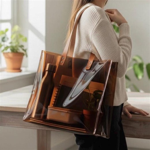 Transparent Brown Vinyl Tote Bag With Natural Leather Straps Structured Minimalist Everyday Work Shopping Bag Clear Bag Policy Premium - Etsy