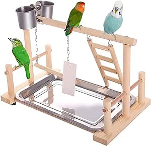 RoseFlower Parrot Playstand Bird Playground Wood Perch Gym Playpen with Feeder Cup Ladder Swing Tray - Play Stand Exercise Toys Cage Accessories Playgym for Pet Cockatiel Parakeets Budgie #2