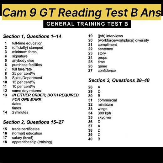 Cambridge 9 General Training Reading Test B Answers