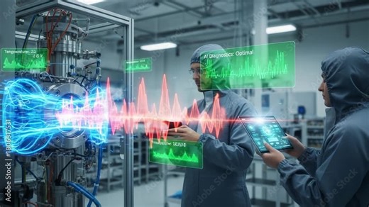 Advanced Technicians Analyze AI Diagnostic Metrics in a High-Tech Laboratory, Monitoring System Performance with Real-Time Data Visualization and Environmental Controls for Optimal Conditions