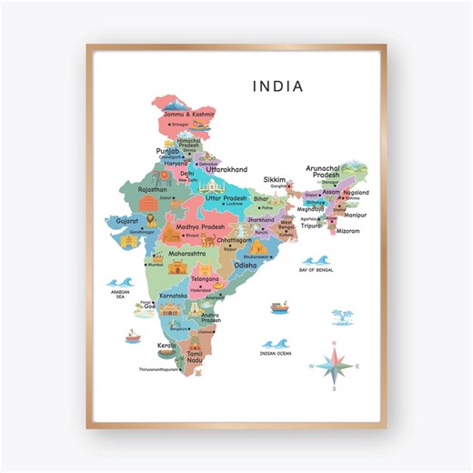 India Illustrated Map Poster With States and Landmarks, Colorful Educational Country Map for Kids Classroom Geography Decor - Etsy