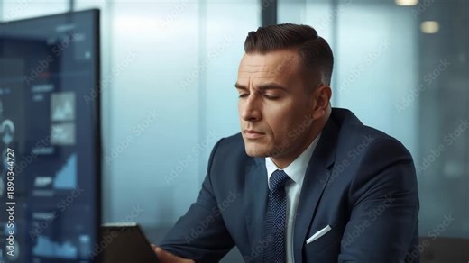 Studying executive in navy suit reading tablet after alert, glancing at monitor, deciding at office