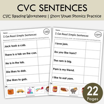 CVC Reading Sentences Worksheets | Short Vowel Cut and Paste Phonics, T-241