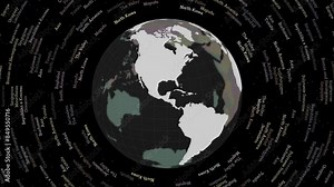 Rotating globe. Dark translucent globe with round geographical names text. Artistic spinning planet. Appealing animation. Stock Video