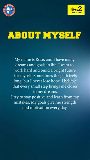 Way 2 English on Instagram: "About Myself | Easy English Paragraph 🌸 Learn simple English through a short paragraph about goals and self-introduction. This reel helps beginners practice reading skills, sentence formation, and daily-use English. Save this reel for practice 📌 Follow @way2english01 for simple and useful English learning every day. . . . #learnenglish #spokenenglish #englishparagraph #aboutmyself #englishreading"