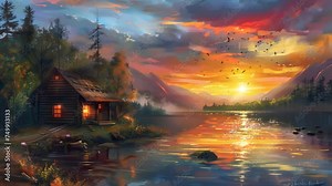 Scenic lake with a boat adrift and a house in the distance. Seamless Looping 4k Video Animation