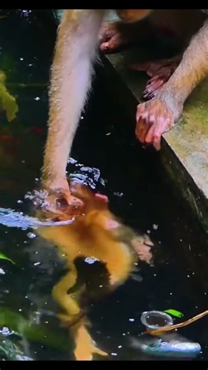 Life of Monkeys: Mother Monkey Trains Baby Monkey on How to Adapt to Water
