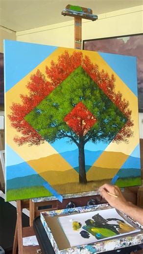 Tim Gagnon on Instagram: "The Moments Are Bright In the Middle. A timeline landscape painting. I hope you enjoy the process. What do you think? Let me know in the comments. Thank you for watching! #painting #timeline #tree #art #timgagnon #colorful #time #moments #timelapse #contemporaryart #contemporarypainting #landscape #acrylic #tape"
