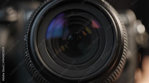 Camera Lens Aperture Macro - A macro shot showcases the aperture of a camera lens. The video highlights the intricate mechanics and reflective glass elements.