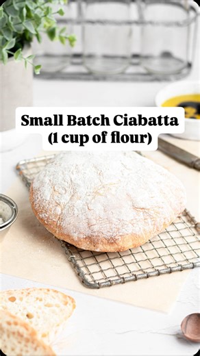 My small batch ciabatta recipe uses just one cup (120 grams) of flour to make a mini loaf of bread with a flour-dusted crust and soft, airy interior. One loaf is the perfect size for one or two people to share, while still being small enough to make in a toaster oven. Bake it as one whole loaf or portion it into two long sandwich loaves or four dinner rolls! ⁠ ⁠ Recipe is on ThePracticalKitchen.com and linked in my bio! Follow @the.practical.kitchen for more great bread recipes!⁠ ⁠ https://thepr