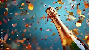 Champagne Bottle Popping with Confetti Flying in a Celebration Scene Stock Video