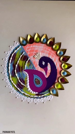 Beautiful and unique peacock rangoli design! 🦚 #creative #rangoli #ideas #festivities #peacock #rangolidesigns #festive #homedecor | Blissful Stuff by Poonam