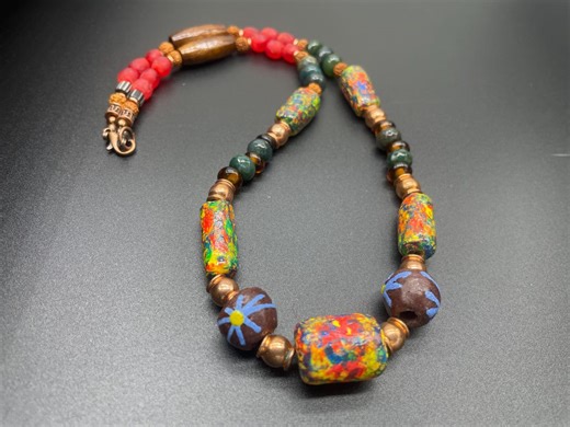 Colorful Boho Necklace, Handmade Clay Beads, Recycled African Copper Glass