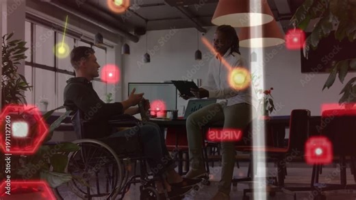 AR overlay appearing, wheelchair man gesturing while tablet peer analyzing malware, third entering