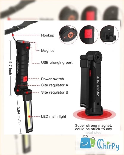 New Portable COB LED Flashlight USB Rechargeable Work Light Magnetic Lanterna Hanging Lamp with B...