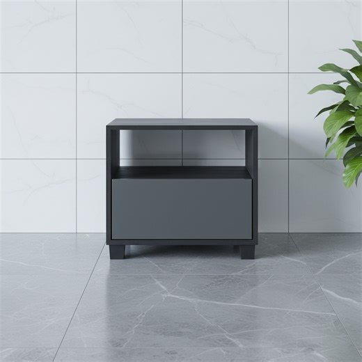 Modern Minimalist Square 1-Drawer Storage Dark Gray Nightstand For Bedroom