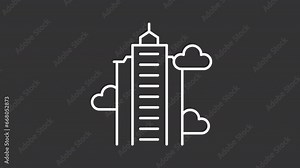 2D white simple thin line animation of skyscraper icon, HD video with transparent background, seamless loop 4K video representing buildings.