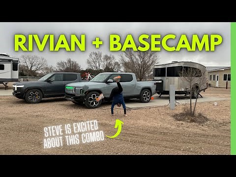 Rivian R1T towing an Airstream Basecamp