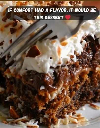 Indulge in Easy German Chocolate Poke Cake | Gooey, Toasty & Full of Southern Charm 🍫🥥 This poke cake is a chocolate lover’s dream with a shortcut twist! Rich chocolate cake soaked in sweet coconut filling, layered with whipped topping, toasted coconut, and pecans. It’s ooey-gooey, fluffy on top, and absolutely irresistible. Perfect for holidays, potlucks, or “just because.” 💛 Ingredients: 1 box German chocolate cake mix (plus ingredients listed on box) 1 (14 oz) can sweetened condensed milk 