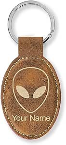 LaserGram Oval Keychain, Alien Head, Personalized Engraving Included (Rustic with Gold)