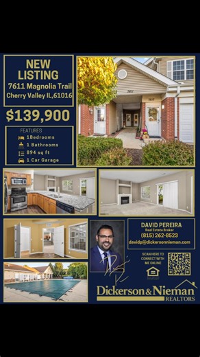 JUST LISTED 🏡 | Cherry Valley, IL Move-in ready, first-floor condo under $140K! Minutes from I-90, shopping, dining, and Hurricane Harbor Rockford. ✨ 1 Bed | 1 Bath | Attached Garage | Pool & Fitness Access 💰 Priced at $139,900 Stop paying rent and start owning your piece of Cherry Valley. Homes in this price range move fast especially ones this clean. 📍 Cherry Valley, Illinois 📞 David Pereira | 815-262-8523 📧 DavidP@DickersonNieman.com 🏠 Dickerson & Nieman REALTORS® Results Driven. Client