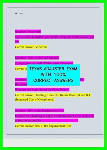 TEXAS ADJUSTER EXAM WITH 100% CORRECT ANSWERS video