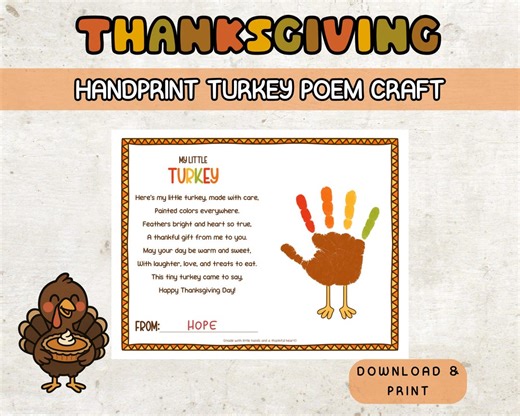 Thanksgiving Handprint Turkey Poem Craft, Preschool & Kindergarten Thanksgiving Activity - Etsy