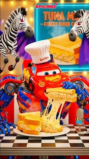 McQueen Robot Transformers ASMR eating Tuna melt vs Flying Alien Attack #shorts