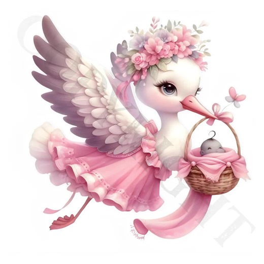 Pink Stork Black Baby Clipart | Baby Shower PNG (digital Download) - Etsy