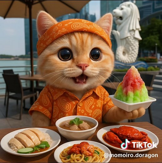 いらっしゃいませにゃん😻こちらは 海南鶏飯、バクテー、 チリ.クラブ、ホッケンミー、デザートに アイスカッチャンですにゃん💕#可愛い #子猫 #もふもふ #シンガポールのレストラン#アルバイト #AI