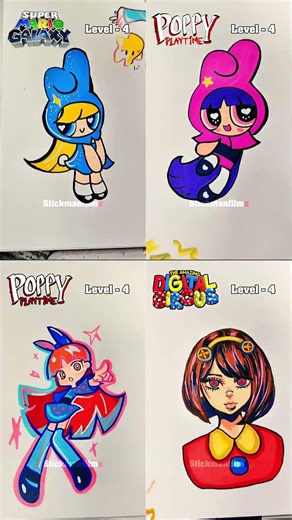 Drawing Rosalina, Lily, Poppy, Pomni in different Levels #drawing #art #shorts #howtodraw