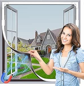 Window Screen Adjustable Magnetic Window Screen Replacement Max 43” x 71”, DIY Fiberglass Mesh Window Screens for House Windows White Frame Grey Mesh