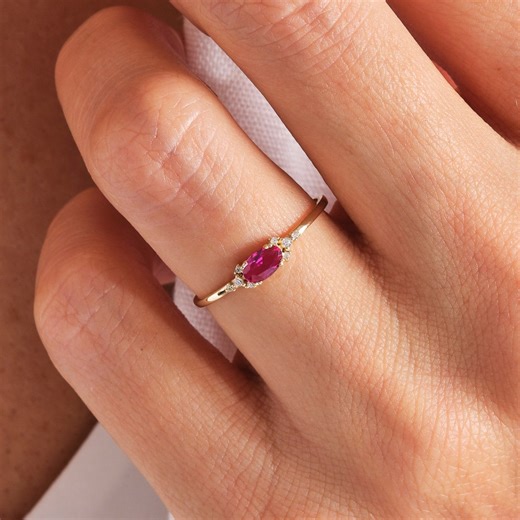 Oval Ruby Thin Diamond Ring 14K Solid Gold Band, Birthstone and Tiny Moissanite Ring, Red Gemstone Ring Her - Etsy