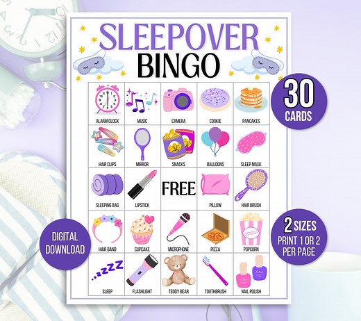 Sleepover Bingo, Sleepover Game, Slumber Party Bingo, Pajama Party Bingo, 30 Sleepover Bingo Cards, Pajama Party Game, Slumber Party Game - Etsy