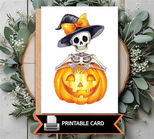 Printable Halloween Card, Happy Halloween Card, Jack-o'-lantern Card, Skeleton Halloween Card, DIY Halloween Cards, Digital Download PDF - Etsy