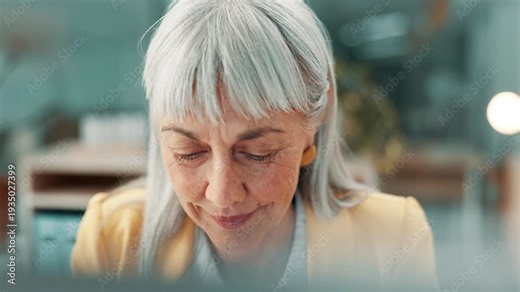 Journalism, planning and reading with business woman in office for editing, news or reporting. Article, computer and digital magazine with mature person at work for management as executive editor