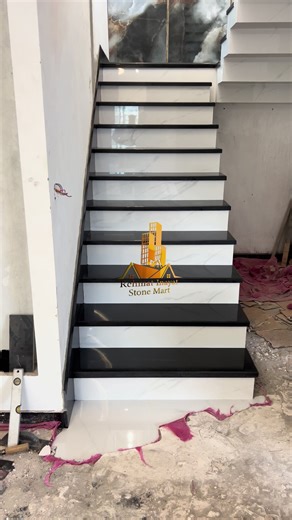 Most beautiful balck granite staircase with tile riser🔥 #staircase #tile #homedecor #beautiful #construction