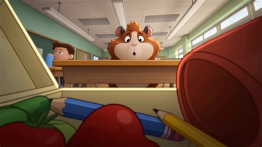 "Someone ate my lunch"Prompt : A 15-second cute animated school scene inside a classroom, with clear story, funny expressions, and lively camera motion. The camera starts inside an open lunchbox, looking up at a shocked hamster student. The sandwich is gone. The camera pops out of the lunchbox and rushes across the desk to a tiny frog wearing glasses. The hamster says, “Someone ate my lunch.” Pause. The frog detective adjusts his glasses and says, “Nobody move.” The camera spins around the class