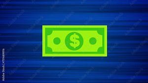 Flying dollar on blue background. Looped money animation of throwing currency. Moving US dollar bill on dynamic abstract background. Animated buck in motion. Anime style drawing of cash with action