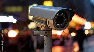 Security CCTV camera has focus and recording a lot of car on the road with traffic jam at night city