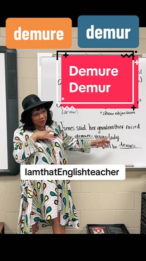 #verydemure #vocabularylesson #vocabulary #wordstudy #English The words “demure” and “demur” sound similar but have different meanings and spellings. #Demure (#adjective ) refers to a person, usually a woman, who is reserved, modest, or shy in a way that is considered appealing. For example: “She had a demure smile that made her seem very approachable.” #Demur (#verb) means to raise doubts, objections, or show reluctance. For example: “He wanted to go out, but she demurred, preferring to stay ho