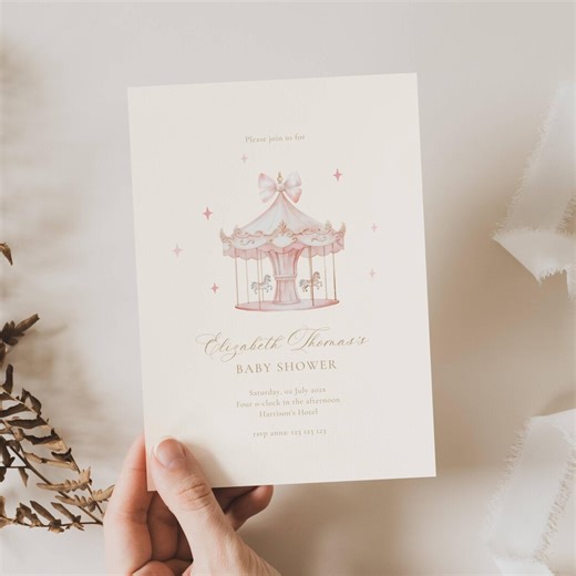 Carousel Baby Shower Invitation: Pink Carnival, Pink Horse, Merry Go Round (editable Template) - Etsy