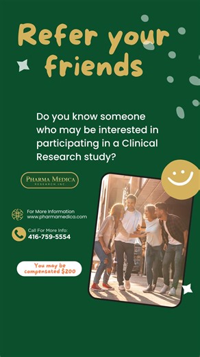 At Pharma Medica Research Inc. with our referral program, you can now refer a friend to participate in a clinical study, and for each successful referral, you can receive up to $200! To register👇 https://www.pharmamedica.com/volunteer/form 📧 recruiting@pharmamedica.com 📞 14167595554 #clinicaltrials #volunteer #referafriend #pharmamedicaresearch | Pharma Medica Research Inc.