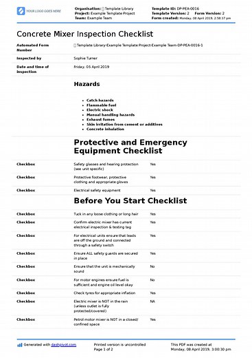 Concrete Mixer Inspection Checklist: Free and editable checklist
