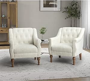 HULALA HOME Accent Chairs Set of 2, Modern Button-Tufted Armchairs with Retro Wooden Legs, Comfy Upholstered Sofa Chairs, Reading Chairs for Living Room Bedroom Office, Ivory