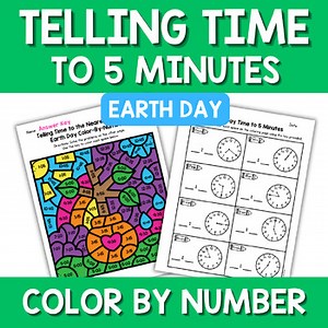 Earth Day Telling Time to 5 Minutes Color by Number Code Fun Worksheets Craft