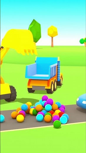 Excavator Mengumpulkan Bola Warna-Warni dari Jalan. Kartun Anak dengan Mobil Penolong